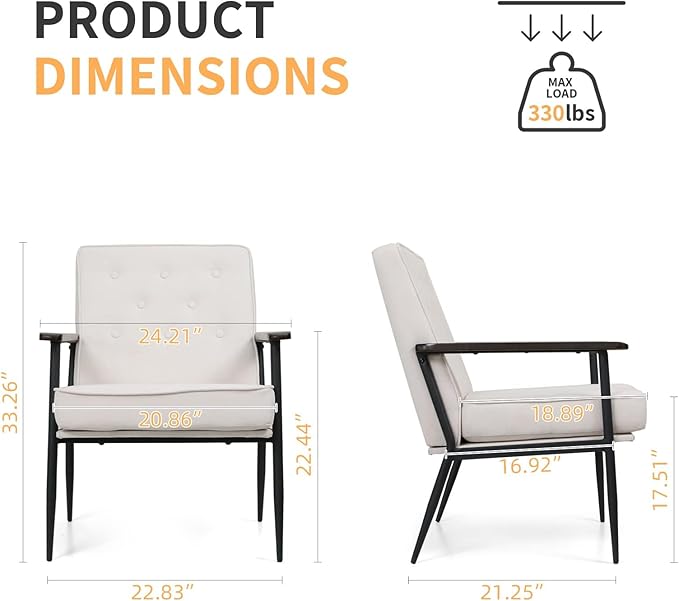 Living Room Chairs Mid Century Modern Accent/Arm Chair Upholstered Fabric Armchairs with Wood Legs for Home Office Bedroom Living/Reception Room (White)