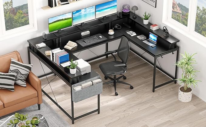 U Shaped Gaming Desk with RGB Lights - 60 Large Computer Desk with Power Outlets &amp USB Ports Sturdy l-Shaped Corner Desk for Home Office Ergonomic Workstation with Flip-Up Tabletop