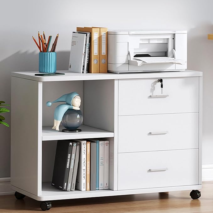 File Cabinet3 Drawers Mobile Lateral Filing Cabinet with LockPrinter Stand with Open Storage Shelves for Home Office