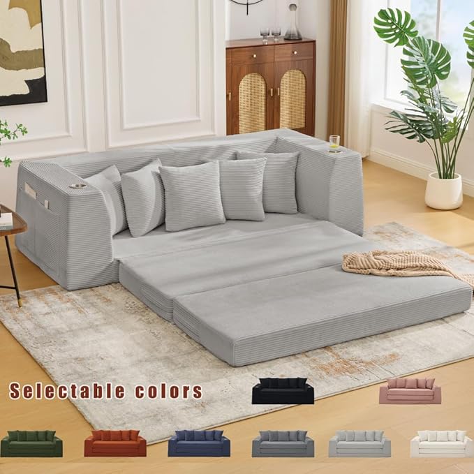82.25 Convertible Loveseat Sleeper Sofa Bed with Side Pocket 2 in 1 Corduroy Pull Out Bed with 5 Pillows Boneless Couch with 2 Cup Holders and Wide Armrest No Assembly Light Gray