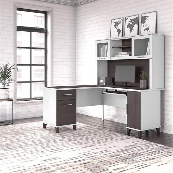 Pemberly Row 60W L Shaped Desk with Hutch White and Storm Gray Finish Engineered Wood Keyboard Tray Storage Cabinet File Drawer Adjustable Shelf Home Office Furniture