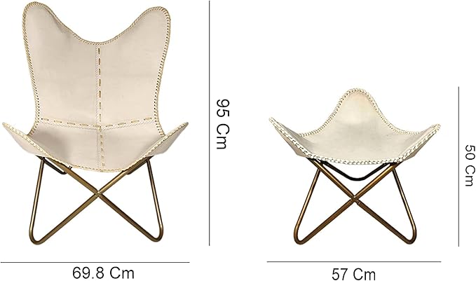 PLW Handmade Leather Butterfly Chair with Matching Ottoman – Beige Seat &amp Golden Folding Iron Frame Vintage Lounge Accent Chair for Living Room Bedroom or Office