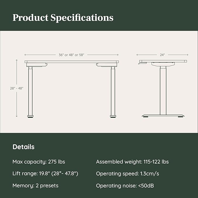 Branch Duo Standing Desk 58 Inches - Adjustable Standing Desk with 20” Range - OLED Control Panel - Frameless Design &amp Compact Size Suitable for Many Spaces - Woodgrain Top - White Base