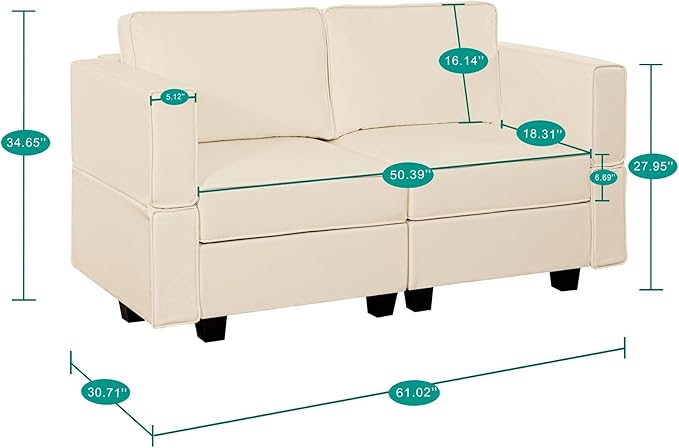 Naomi Home Sarah Modular Loveseat Sofa Couch with Storage Seats Air Leather 2 Seater Love Seats for Small Spaces Beige