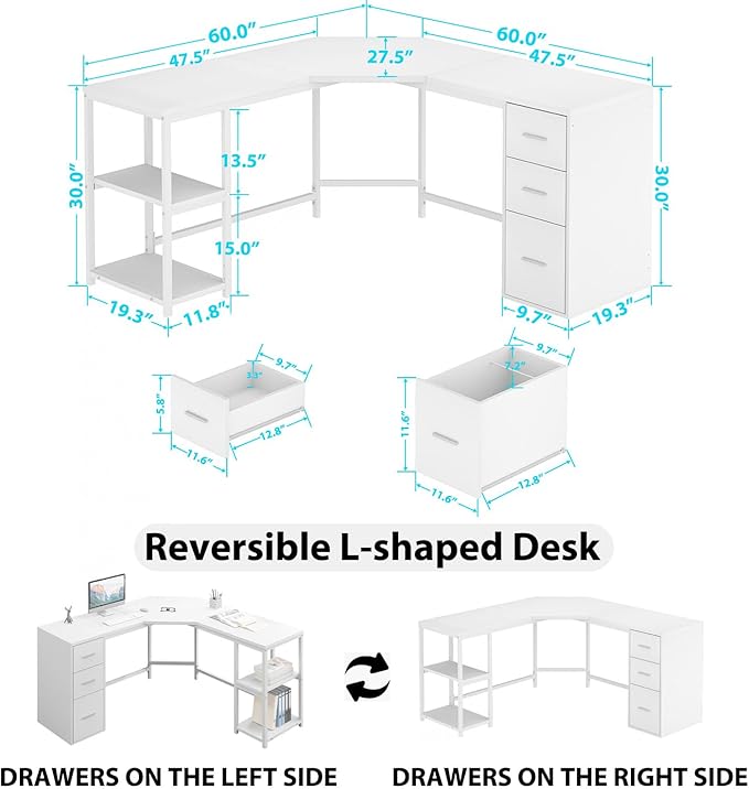 HSH White L Shaped Desk with Drawers Reversible Modern L Shaped Corner Computer Desk with Storage Cabinet Shelves Large Wooden L-Shape Home Office Desk Table for Work Study Writing Gaming 60 Inch