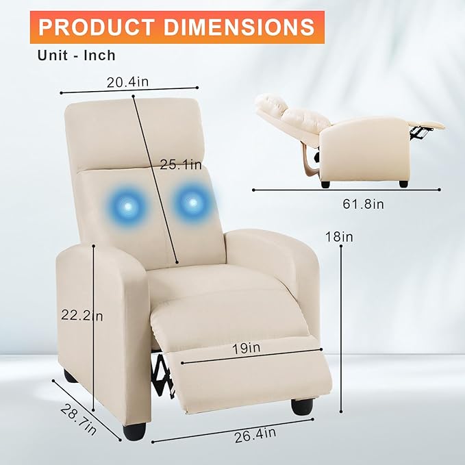 BestMassage | Recliner Chair | with 2 Point Massage Function | Textile Beige | with Lumbar Support Adjustable Push Back Footrest &amp Padded Seat | Easy Assembly | for Living Room Home Theatre