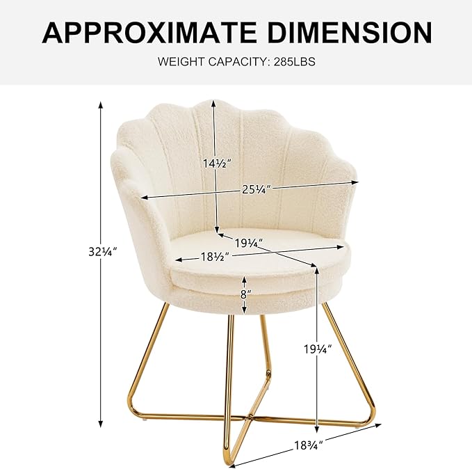 Furnimart Vanity Chair with Back Shell Accent Chair for Living Room Criss Cross Chair with Gold Legs Makeup Chair for Bedroom Desk Chair no Wheels Faux Fur White