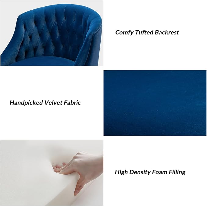 TINA'S HOME Velvet Home Office Chair with Gold Base Comfortable Modern Cute Desk Chair Adjustable Swivel Task Chair for Living Room Bedroom Vanity Study Navy