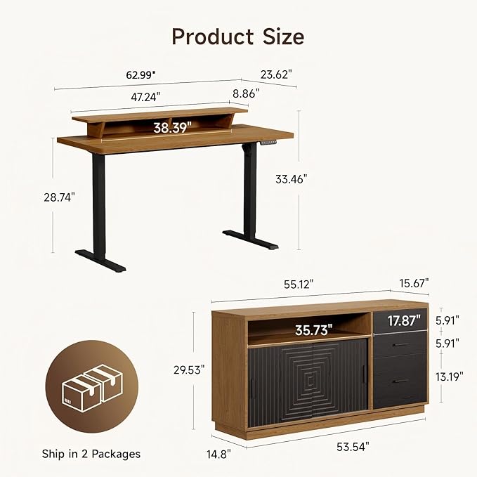 ONBRILL Home Office Furniture Set 63'' Standing Desk with 55'' File Cabinet Electric Height Adjustable Executive Workstation with Monitor Stand for Home Office Oak Brown