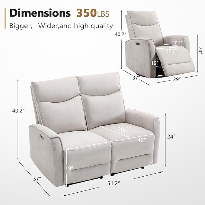 ANJ 2 Pieces Recliner Sofa Furniture SetInclude Power Swivel Recliner Chair with USB Port and 2-Seater Loveseat Reclining Couch for Living RoomLight Grey