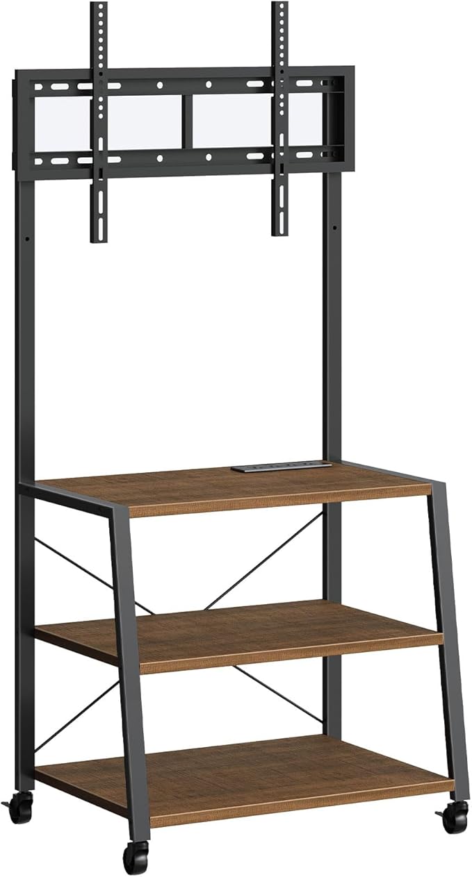 HOOBRO Rolling TV Stand with Mount and Power Outlet Up to 55 inch TV Corner Entertainment Center Small TV Stand with 3-Tier Storage Shelves for Living Room Bedroom Black and Walnut BH66UDS01