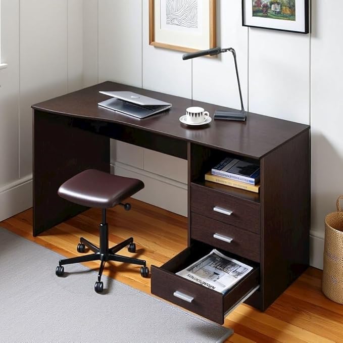 Brown Wood Desk with Storage Featuring 3 Drawers Under Table Shelf Contoured Top for Home Office Use As Writing Desk Or Computer Workstation