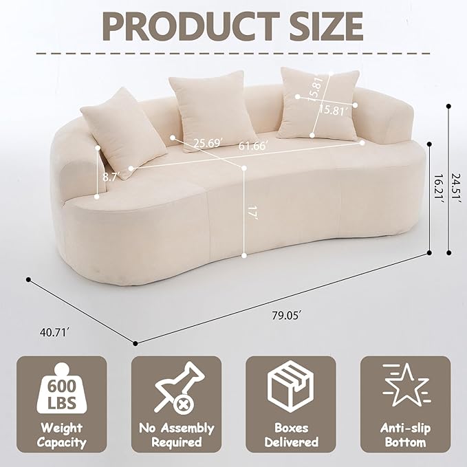 Luxury 80” Curved Loveseat Sofa Chenille Curved Couch with 2 Big Pillows &amp Extra Wide Armrests Comfy Upholstered Oversized Loveseat Couch &amp Sofa for Living Room (Beige 80 Inches)
