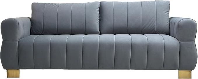 KEIKI 87 Oversized Velvet Cloud Comfy Sofa with Vertical Striped Backrest Cushion Upholstered 3-Seater Fluffy with Golden Metal Legs Easy Assembly for Office Apartment Living Room Grey