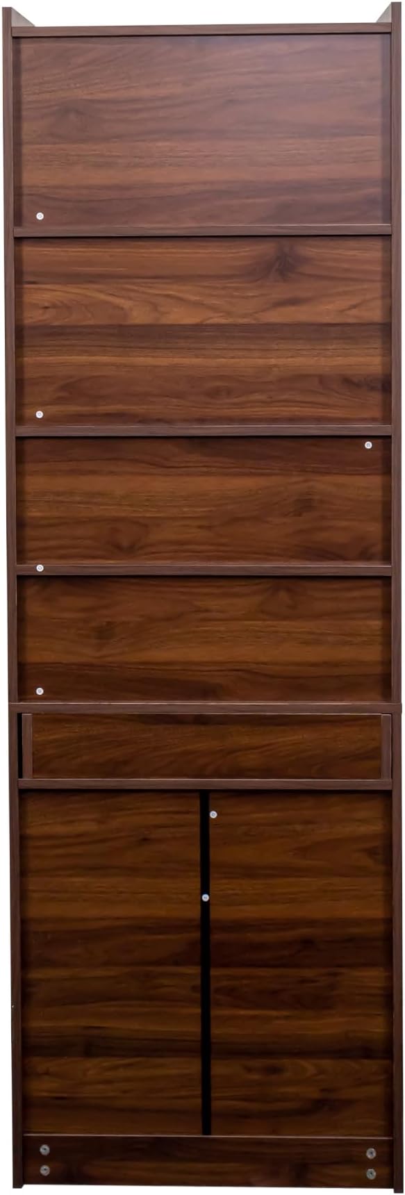Walnut Folding Desk with Storage - Foldable Convertible Writing Table with Shelves Fold Out Murphy Hideaway Desk with Drawers Space Saving Computer Table Doors for Home Office Workstation