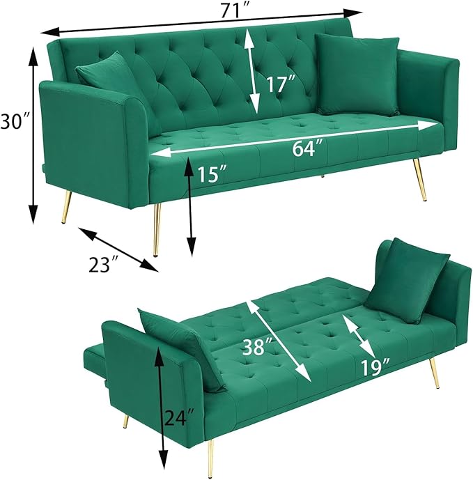 71 Convertible Folding Sleeper Sofa CouchModern Velvet Loveseat Sleeper with 2 Pillows Futon Sofa Bed with Mattress and Frame for Living RoomBedroomSmall Space (Green)