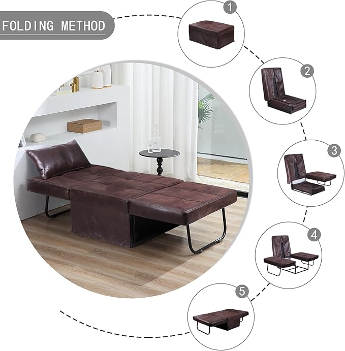 BIGSYY Sofa Bed Set of 4 in 1 Multi-Function Folding Ottoman Breathable Linen Couch Bed with Adjustable Backrest Modern Convertible Chair for Living Room Apartment Office PU Imitation Brown