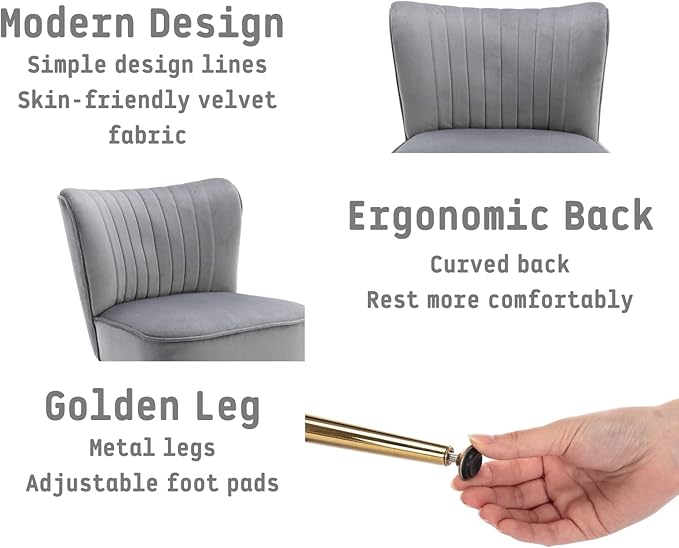 Grey Velvet Accent Chairs Set of 2 with Golden Legs Modern Upholstered Slipper Chairs Comfy Armless Wingback Side Chairs Corner Chair for Bedroom/Dining Room/Living Room/Office