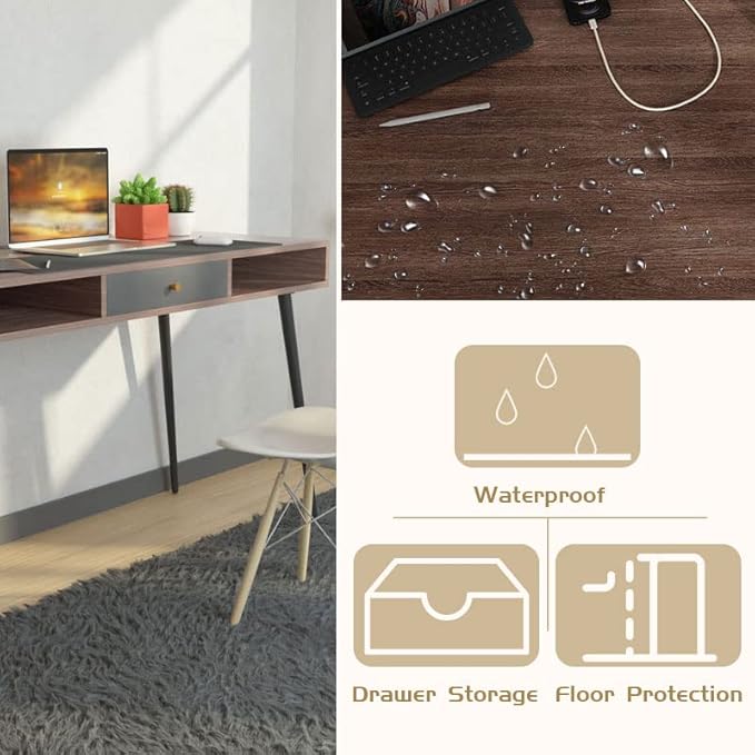 kevinplus Modern Mid-Century Desk with Drawer 46.8'' with Fast Charge USB Port &amp Power Outlet Study PC Computer Writing Desk with Type-C Ports Charging Station Home Office Desk Walnut &amp Dar