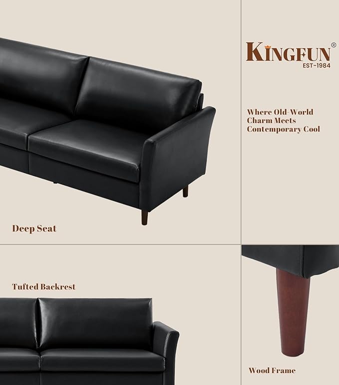 Kingfun Living Room Furniture Sets Loveseat and Armcahir Mid Century Modern Sofa Set Faux Leather Couch with Solid Wood Frame for Living Room &amp Bedroom Black