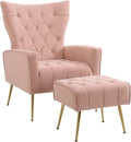 Velvet Accent Chair with Ottoman Modern Lounge Chair with Wing Backrest &amp Metal Legs Upholstered Single Leisure Sofa Chair Reading Chair for Living Room Bed Room Office (Pink)