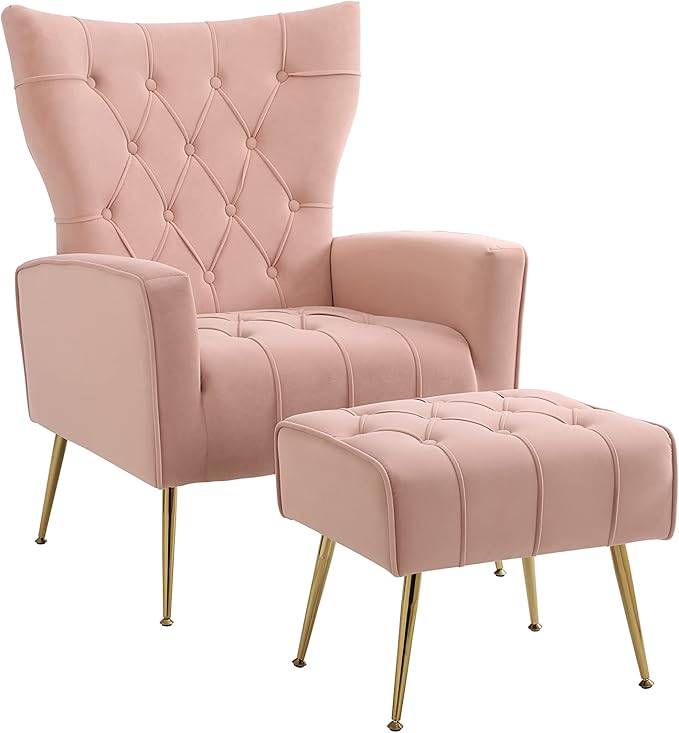 Velvet Accent Chair with Ottoman Modern Lounge Chair with Wing Backrest &amp Metal Legs Upholstered Single Leisure Sofa Chair Reading Chair for Living Room Bed Room Office (Pink)