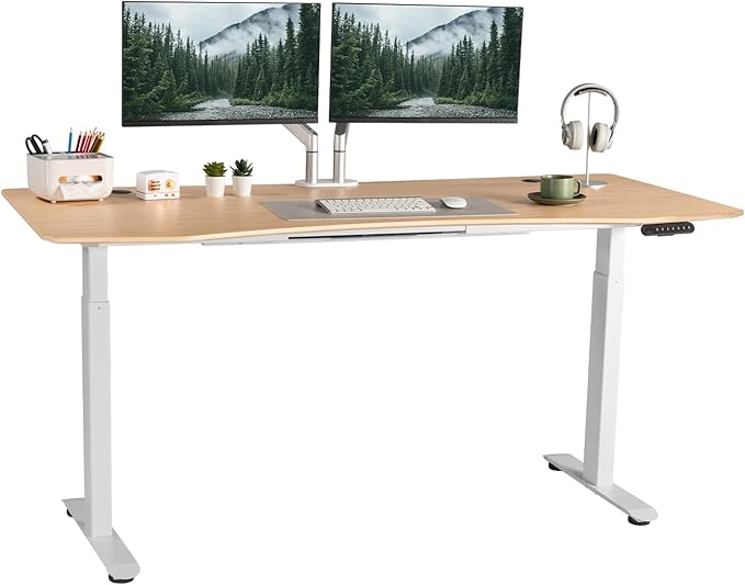 Electric Standing Desk 71 x 32 Inches Dual-Motor Height Adjustable Desk Electric Sit Stand Desk Home Office Desks (71 Natural Maple Ergonomic/White Frame)