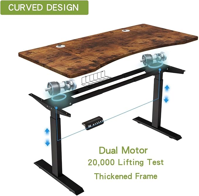 63 Curve Electric Standing Desk Adjustable Height Brown Seated Stand up Computer Desks for Work Office Home Ergonomic Lift-up Gaming Tables with Wheels &amp Splice Board &amp USB (Rustic Brown/63