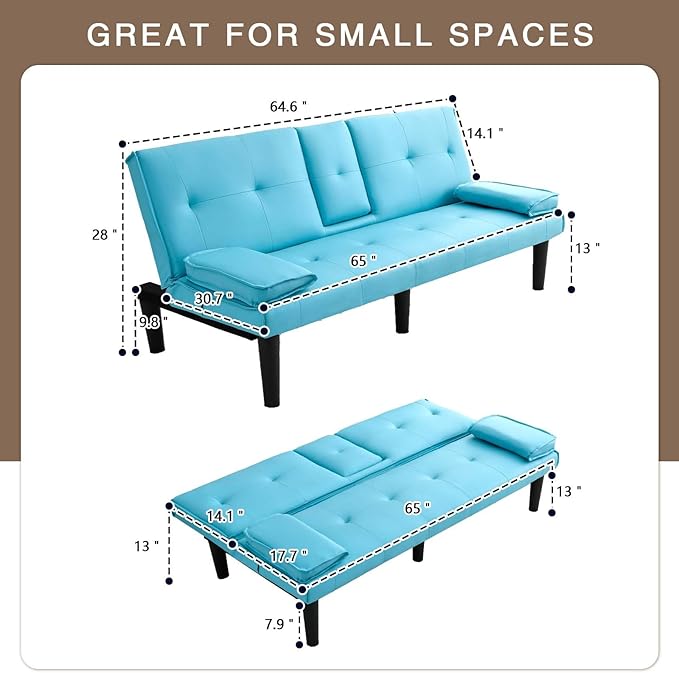 67 Futon Sofa BedConvertible Sofa Bed with 2 Cup HoldersSleeper Couch PVC Leather Removable Soft Armrest Small Couch for Living Room Apartments ﻿ (Blue)