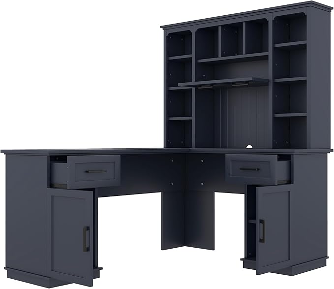 Multi-Function Wood Home Office Computer Desk with Storage Cabinets and Bookcases L-Shaped Executive Desk Writing Desk Study Workstation for Office Study Room (Antique Blue-L)