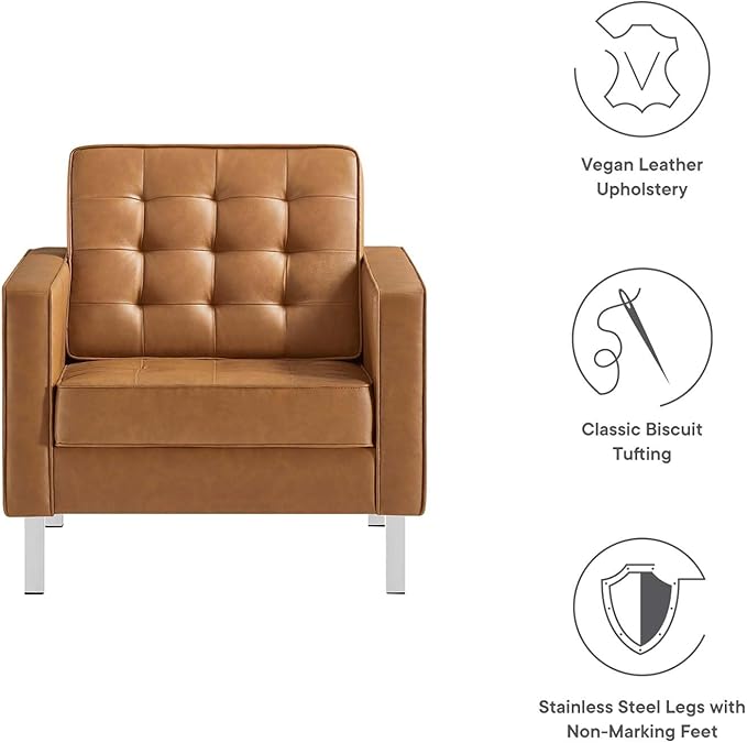 Modway Loft Tufted Button Faux Leather Upholstered Accent Armchair in Silver Tan