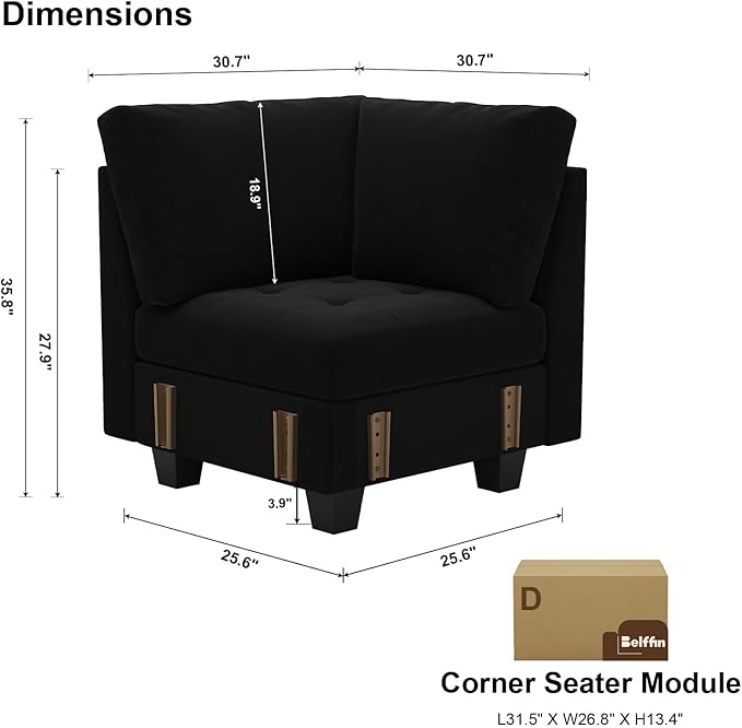 Belffin Velvet Corner Seat Module for Modular Sectional Sofa Couch Corner Sofa Couch Chair Black