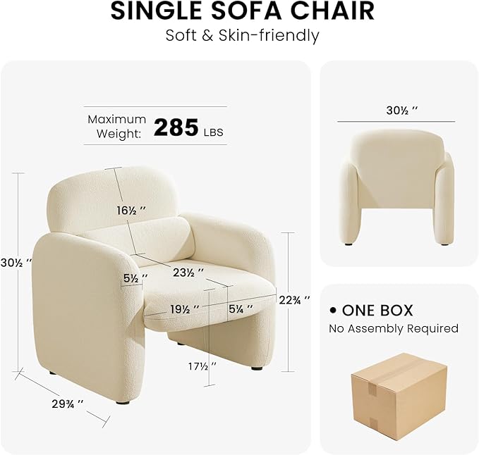 Furniliving 30.5 Accent Chair Set of 2 Modern Chenille Fabric Armchair for Living Room Comfy Upholstered Reading Accent Chairs for Bedroom Single Sofa Chair with Wood Legs White