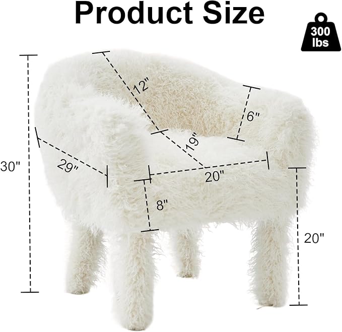 Modern Faux Fur Accent Chair with Solid Wood Frame Comfy Living Chair Cozy Furry Lounge Chair Upholstered Armchair for Living Room Bedroom Vanity Reading Nook (Ivory)