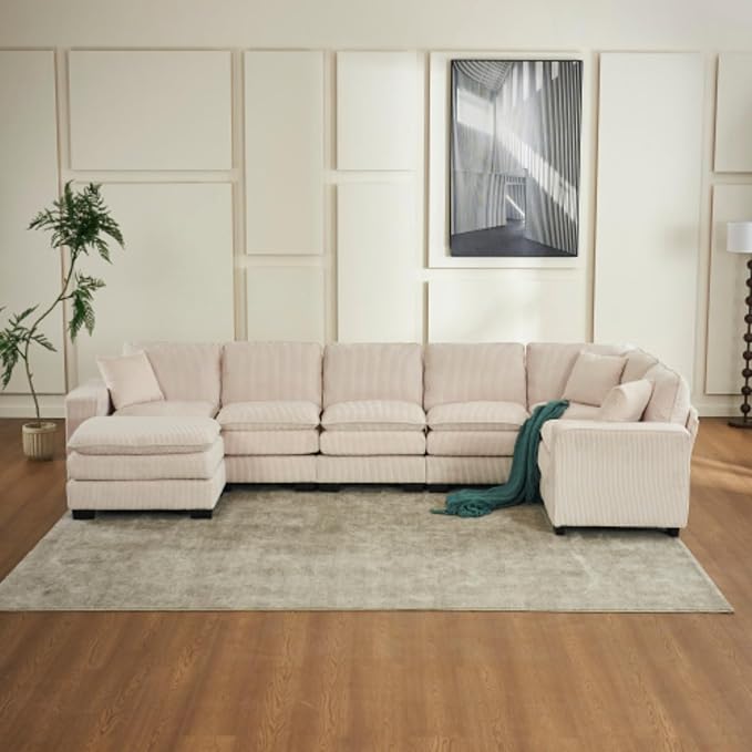 Modern U Shaped 6-seat Sectional Sofa Couch with one Ottoman and Three toss PillowsModular Sofa for Living RoomCorduroy Sofa (WhiteCorduroy-7 Seat)