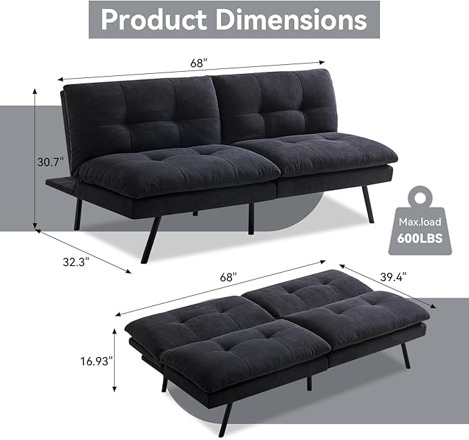 Hcore Polyester Memory Foam Convertible Futon Sofa Bed Small Splitback Loveseat 68 L x 32.3 W x 30.7 H Black