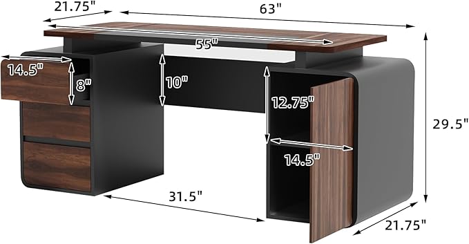 63-Inch Home Office Desk with 3 Drawers and Storage Cabinet Modern Farmhouse Executive Desks with 2 Tone Desktop and Privacy Panel for Living Room Bedroom Small Space Black &amp Walnut