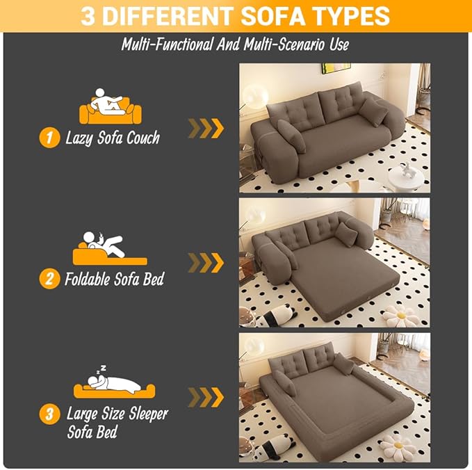 Polibi 78.7 Foldable Sofa Bed 3-in-1 Convertible Floor Couch Sleeper with Removable Teddy Fabric Cover &amp 4 Pillows – Multi-Functional Foam-Filled Sleeper for Living RoomNo Assembly Required (Br
