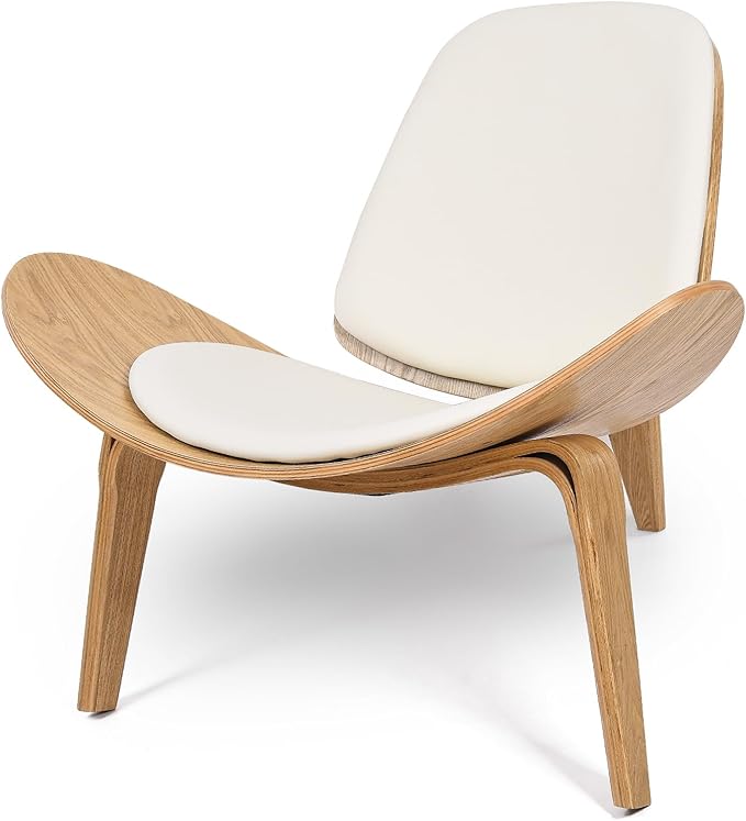 Hans Wegner Style Chair Simple and Modern Leather Shell Chairs with Padded Seat Ergonomic Three-Legged Shell Lounge Chair for Living Room Bedroom Office Space