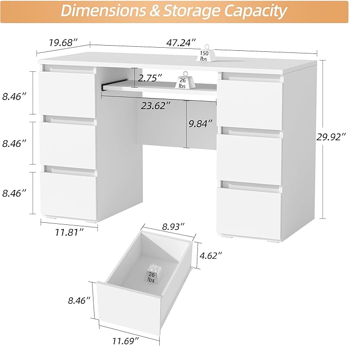 Computer Desk with 6 Drawers 47'' Home Office Desk with Storage &amp Keyboard Shelf White Gaming Desks Wood Vanity Desks for Bedroom Modern Corner Writing Table for Work Study (White)