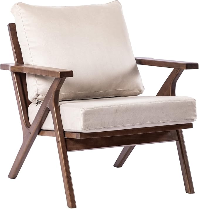 UNICOO - Mid Century Chair Retro Upholstered Accent Armchair with Wood Frame and Removable Cushions Large Leisure Slipper Chair for Living Room/Bedroom (U2279-Beige)