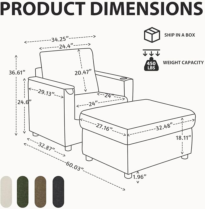 Modern Accent Chairs with Storage Ottoman Set Comfy Chenille Reading Armchair with Tray Table and Charging Port Chaise Lounge Chair for Living Room Bedroom Study Apartment Beige