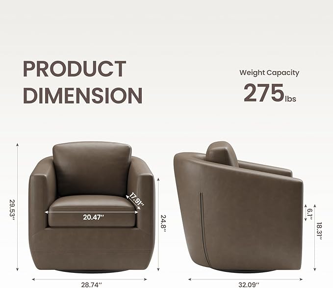 COLAMY 360° Swivel Accent Chair with Pillow Leather Living Room Armchair No-Sag Foam &amp Sturdy Metal Base Fully Assembled Swivel Accent Single Sofa for Bedroom Living Room Reading Room Wolf Gre