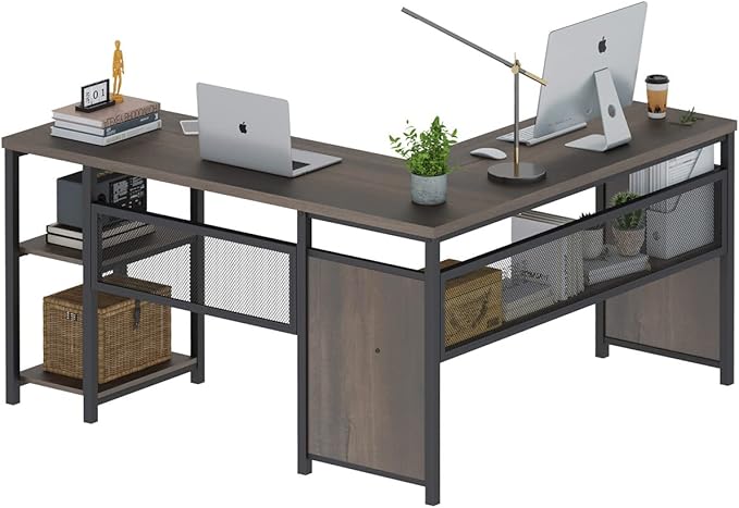 FATORRI L Shaped Desk Industrial Reversible Home Office Computer Desk with Wood Shelves Corner Desks with Metal Legs (Walnut Brown 59 Inch)