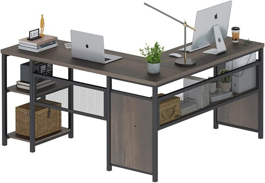 FATORRI L Shaped Desk Industrial Reversible Home Office Computer Desk with Wood Shelves Corner Desks with Metal Legs (Walnut Brown 59 Inch)