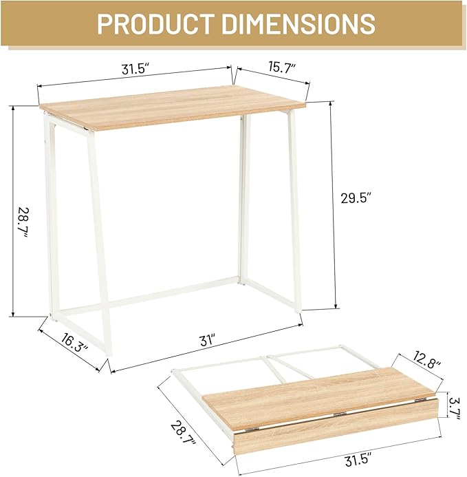 FurnitureR Folding Desk 31.5 Inches Foldable Simple Laptop Table Space Saving Computer Study Desk Compact Writing Workstation for Small Space Light Oak
