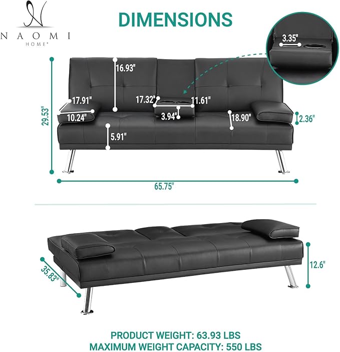 Naomi Home Low Profile Design: Convertible Folding Futon Sofa Bed Sleeper Couch for Living Room Faux Leather Upholstered Futon Sofa with Armrests Metal Legs 2 Cup Holders Black