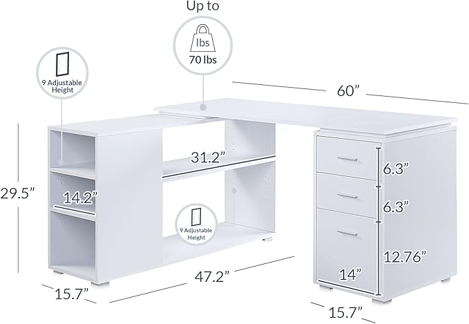 BELLEZE L Shaped Computer Desk 60” Study Writing Table Home Office Desk Morden Corner Workstation Setup with Adjustable Storage Shelves and 3 Drawers White