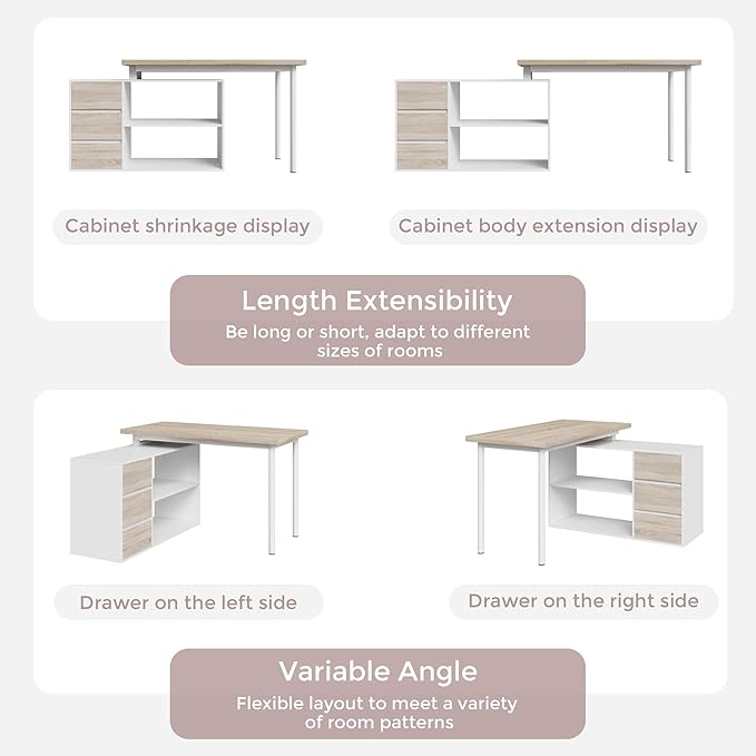 Home Office Computer Desk Corner Desk with 3 Drawers and 2 Shelves 53-inch L-Shaped Study Desk with Storage White + Walnut