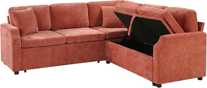 81.9 Sectional Sofa Bed L-Shaped Sectional with a Hidden Storage Compartment Versatile Pull-Out Sofa Bed with Cozy Throw Pillows for Living Room Apartments Offices (Orange-04e)